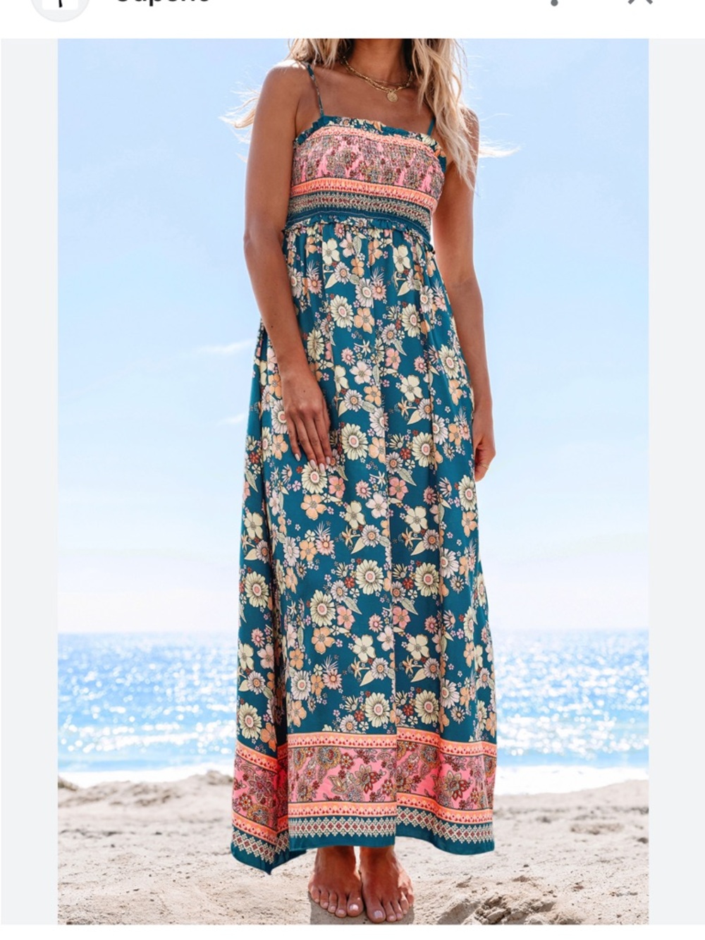 CUPSHE Teal Floral Smocked Maxi Dress with Pink Trim